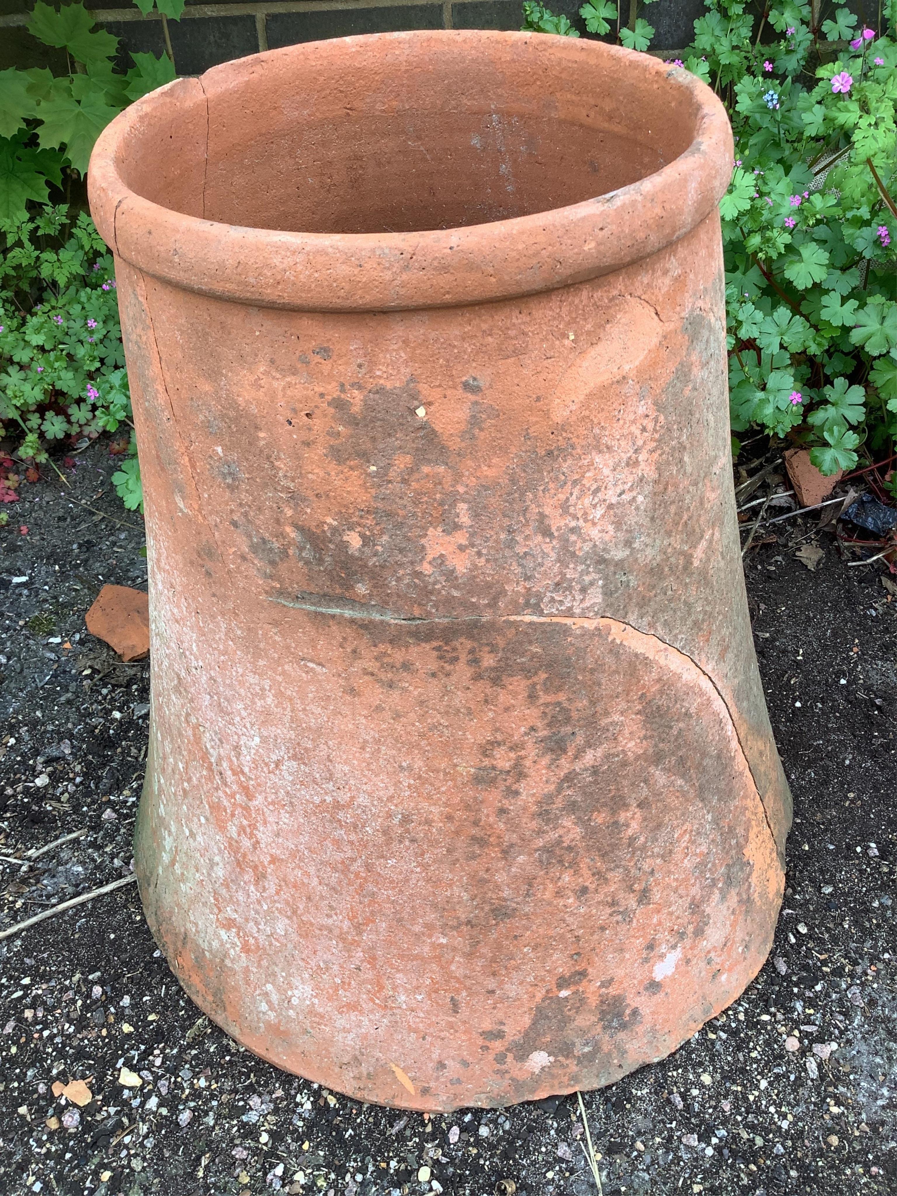 A pair of terracotta rhubarb planters, height 46cm (one severely cracked)